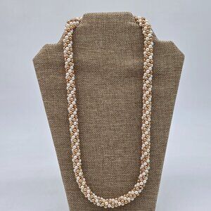 Elegant Gold & White Faux Pearl Twisted Beaded Necklace 24 Inches